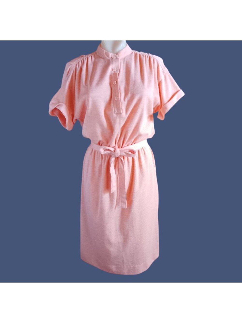 sz 10 Vintage Dress 80's Leslie Fay Salmon Pink Button-Up Belted Dress Stretch